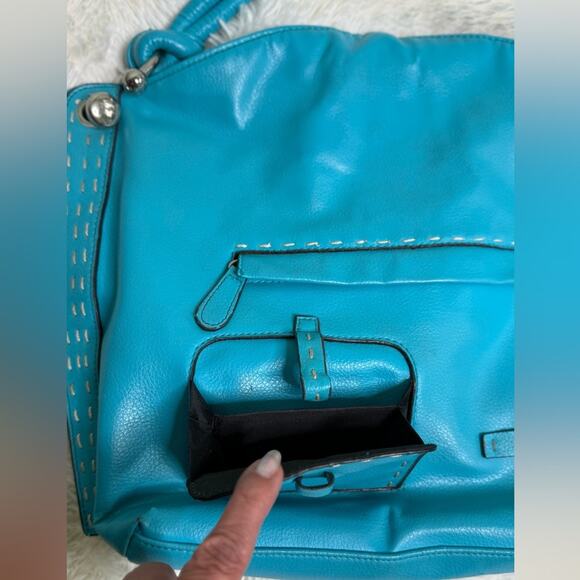 Turquoise Faux Leather Shoulder Bag with Silvertone Hardware - Picture 9 of 13